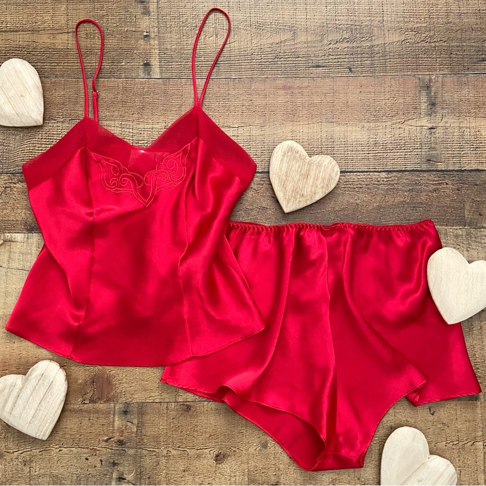 Sleepwear Red Scarlet Satin Set, Adjustable Cami + Shorts Elastic Waist